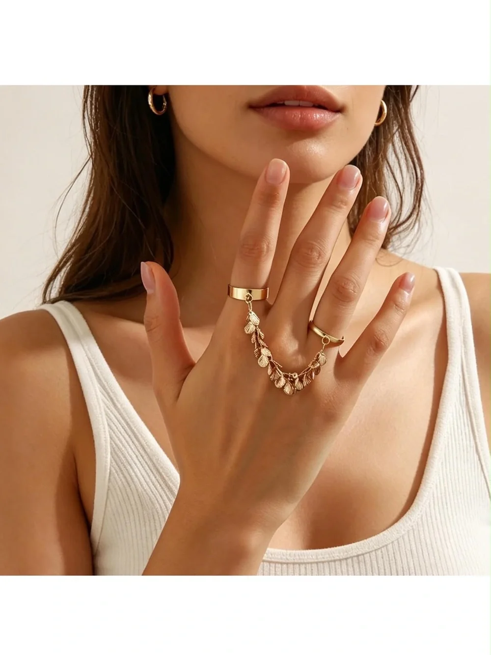 Anthropologie Gold Color Shell Charm Double Ring Chain